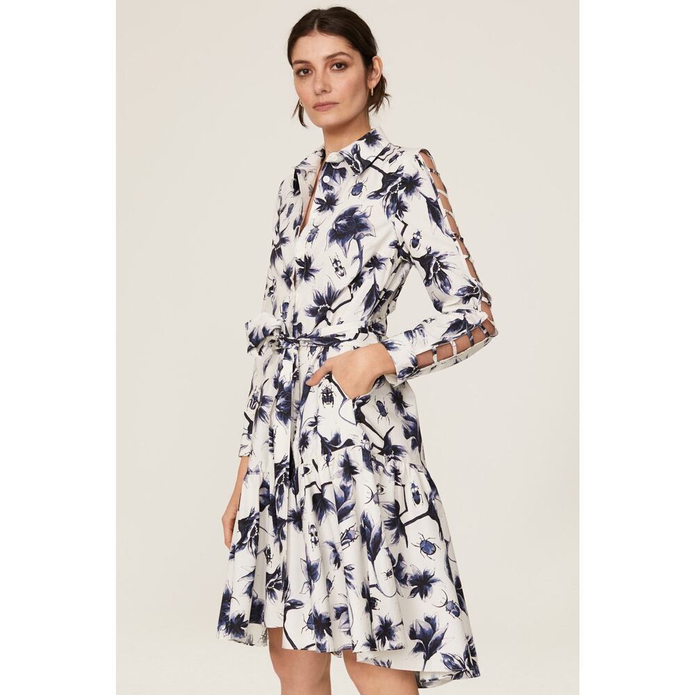 OSMAN YOUSEFZADA COLLECTIVE Blue White Floral Cutout Sleeves Shirt Size 10 FLAW